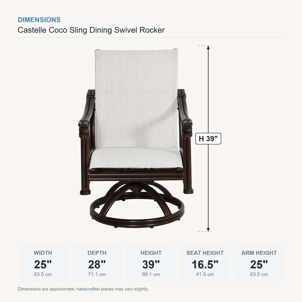 Castelle Coco Sling Dining Swivel Rocker dimensions