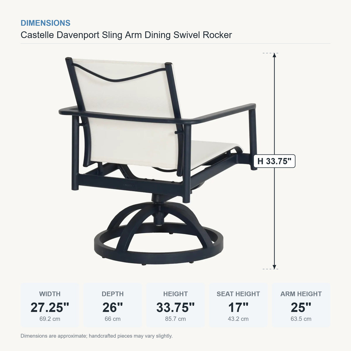 Castelle Davenport Sling Arm Dining Swivel Rocker dimensions