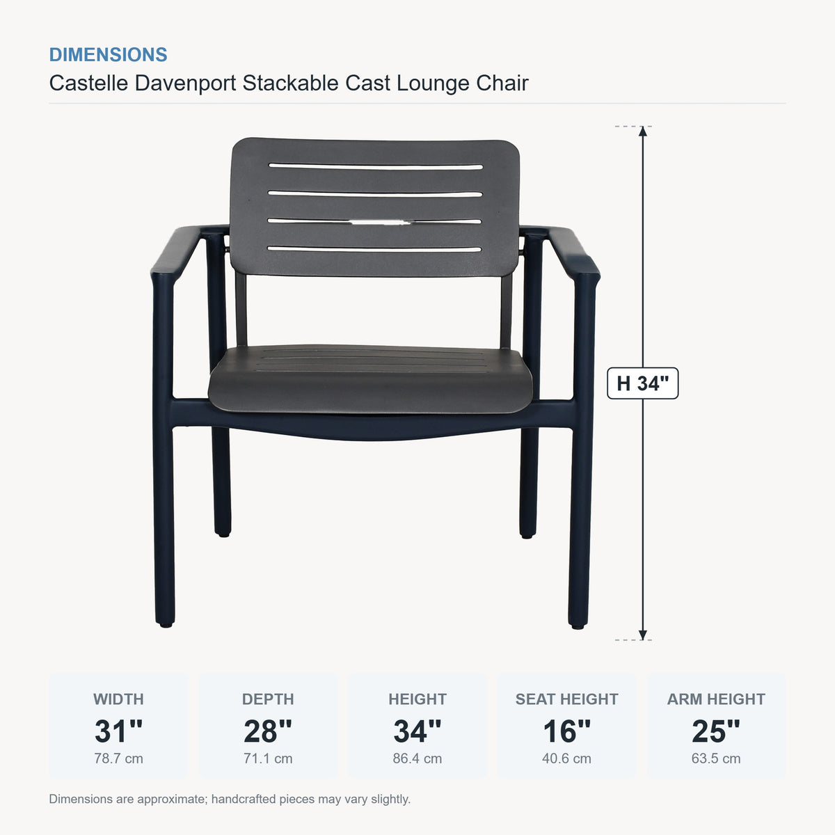 Castelle Davenport Stackable Cast Lounge Chair dimensions