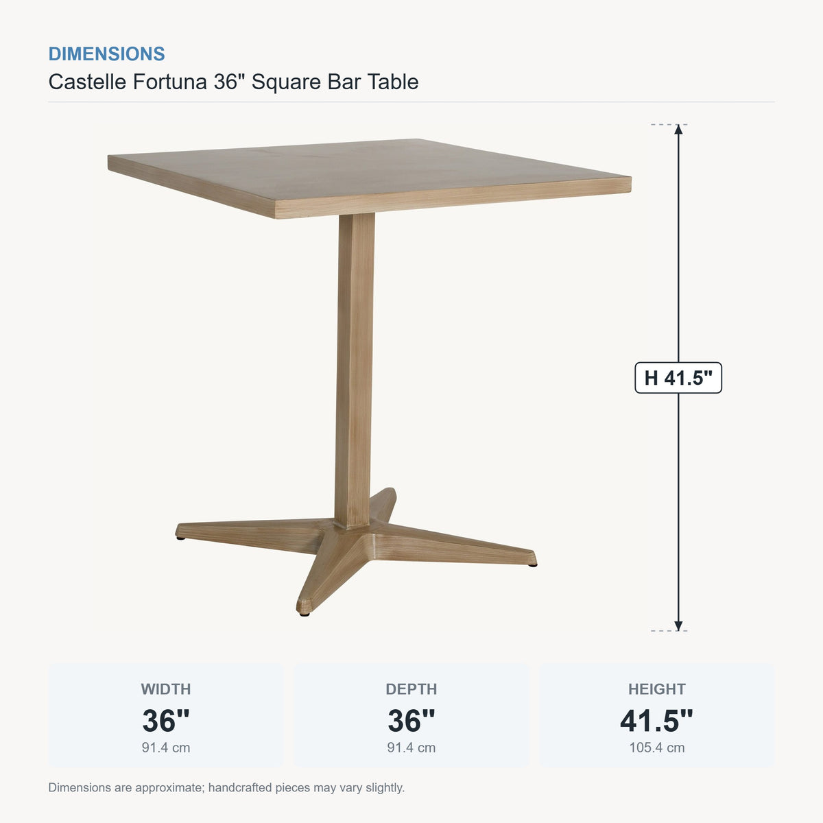 Castelle Fortuna 36" Square Bar Table dimensions