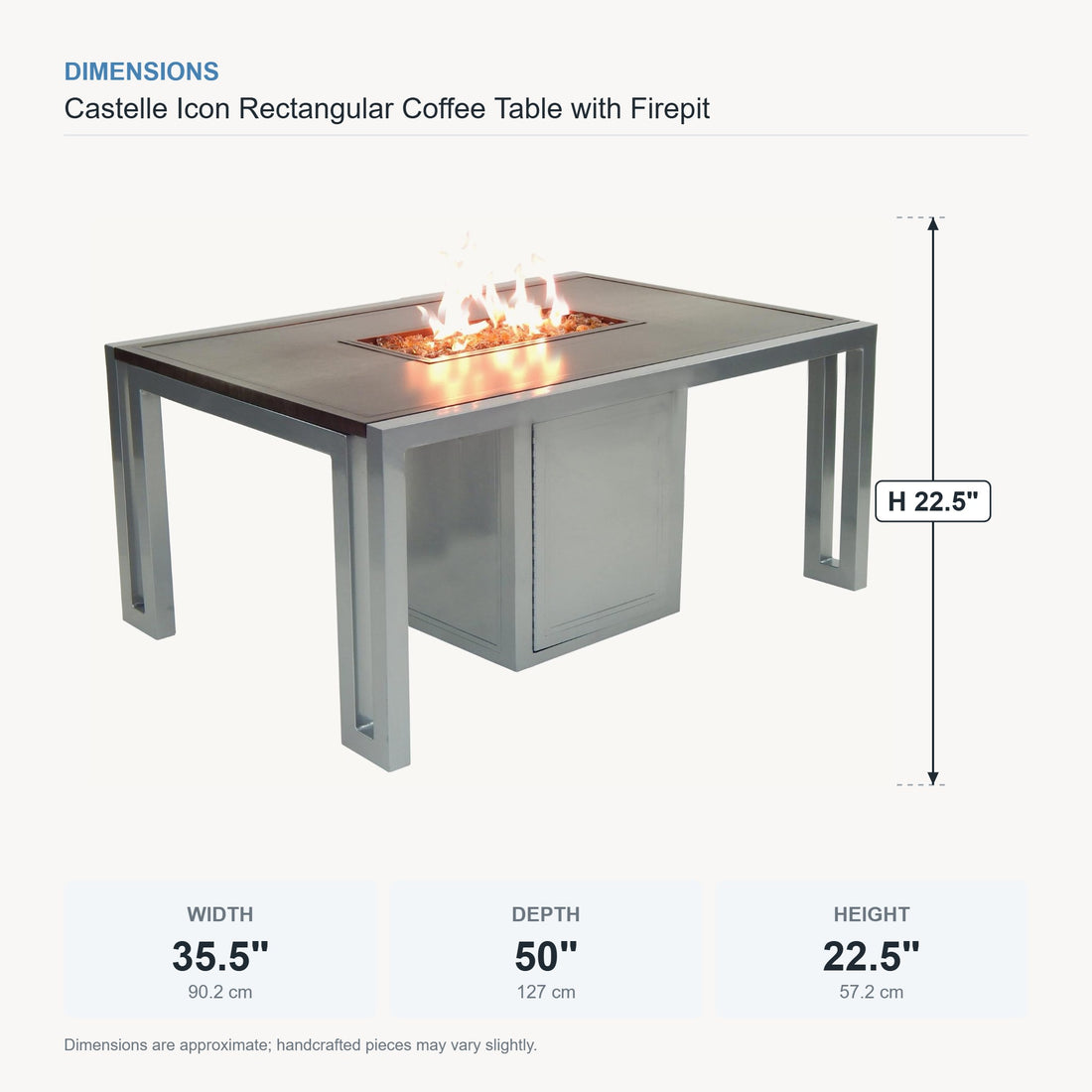 Castelle Icon Rectangular Coffee Table with Firepit dimensions