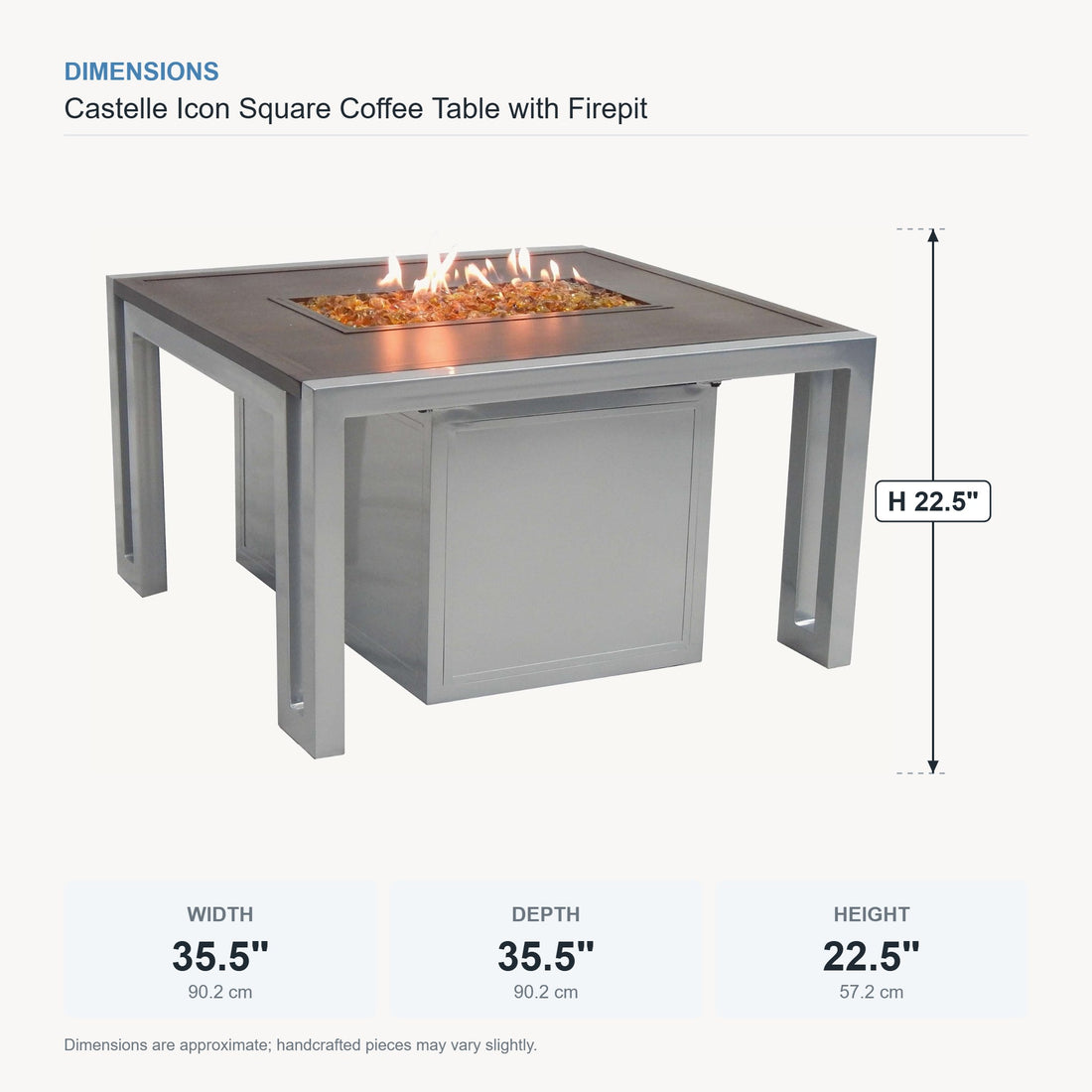 Castelle Icon Square Coffee Table with Firepit dimensions