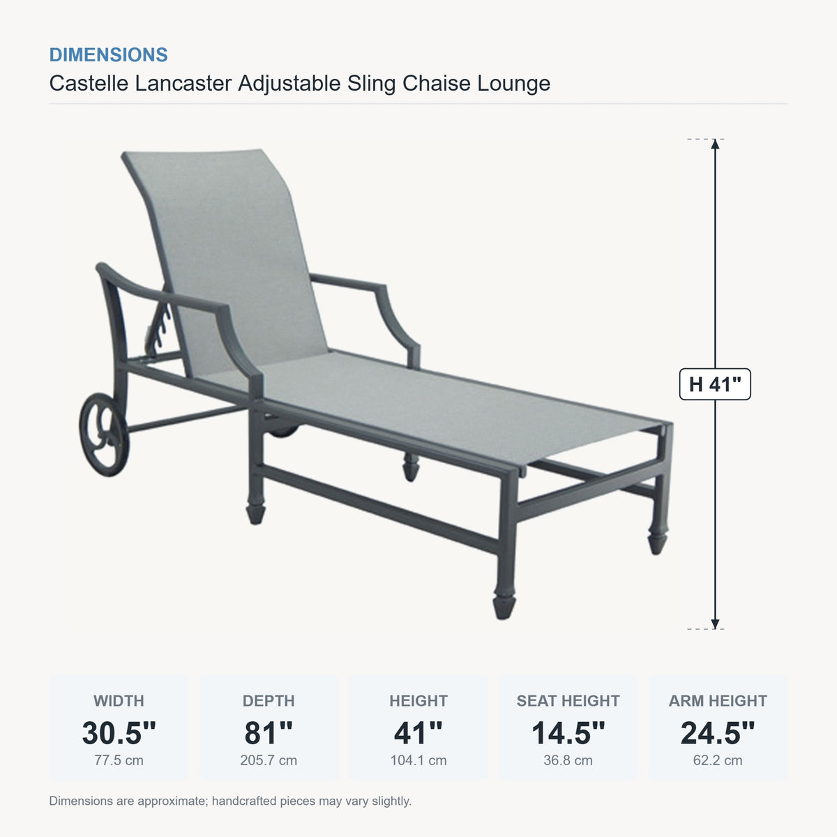 Castelle Lancaster Adjustable Sling Chaise Lounge dimensions