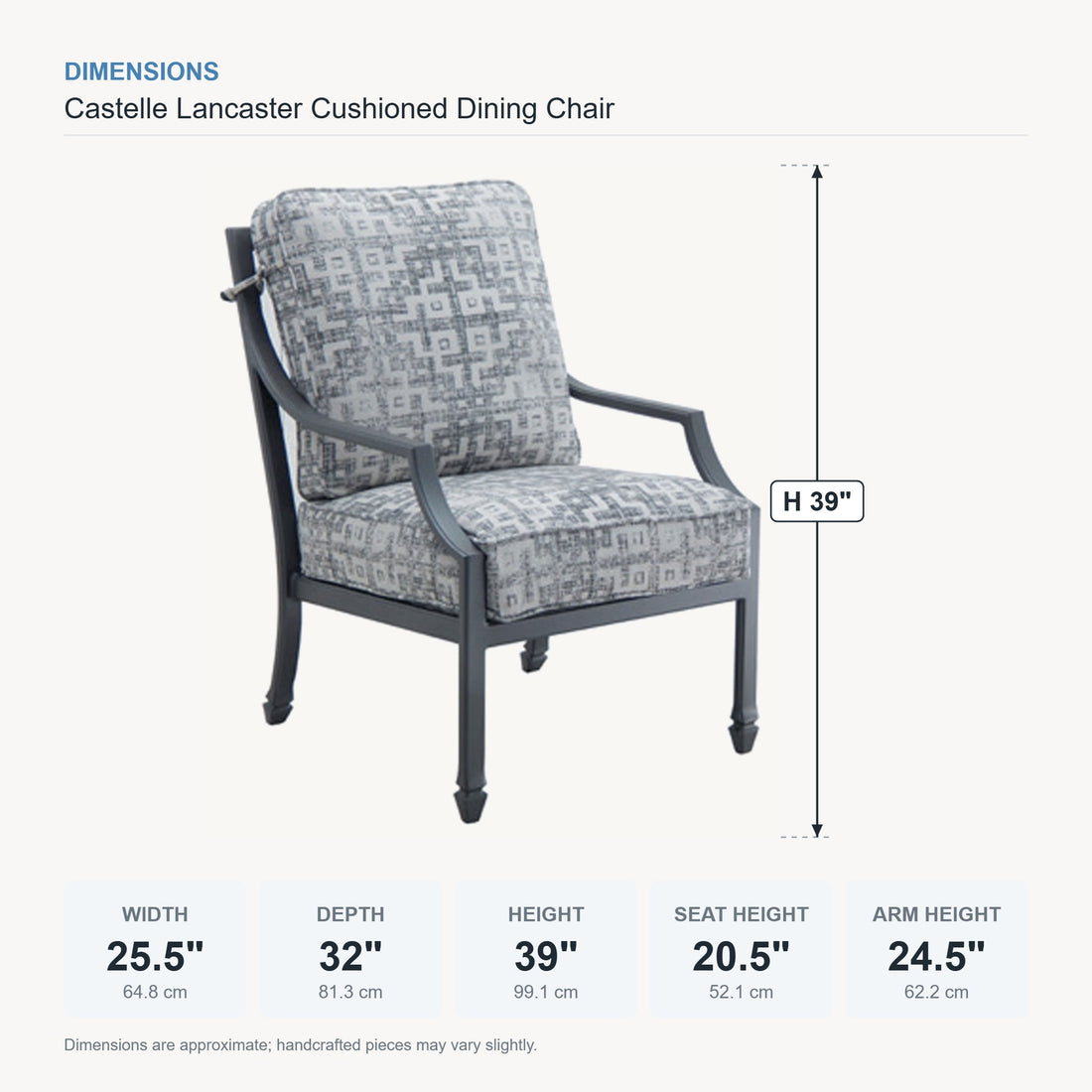 Castelle Lancaster Cushioned Dining Chair dimensions