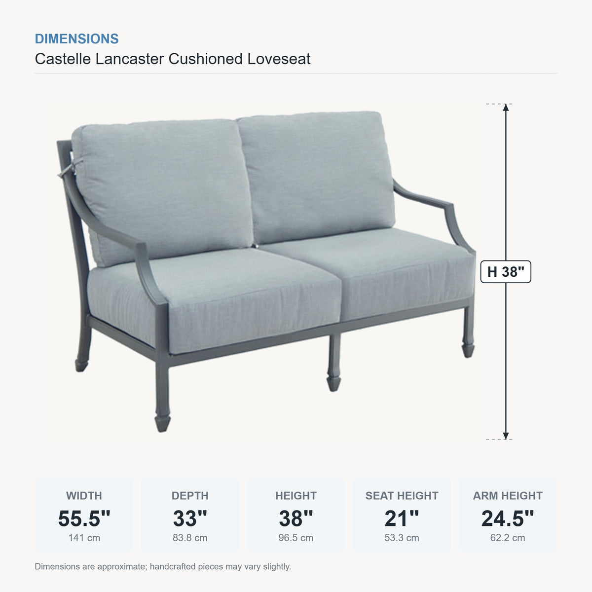 Castelle Lancaster Cushioned Loveseat dimensions