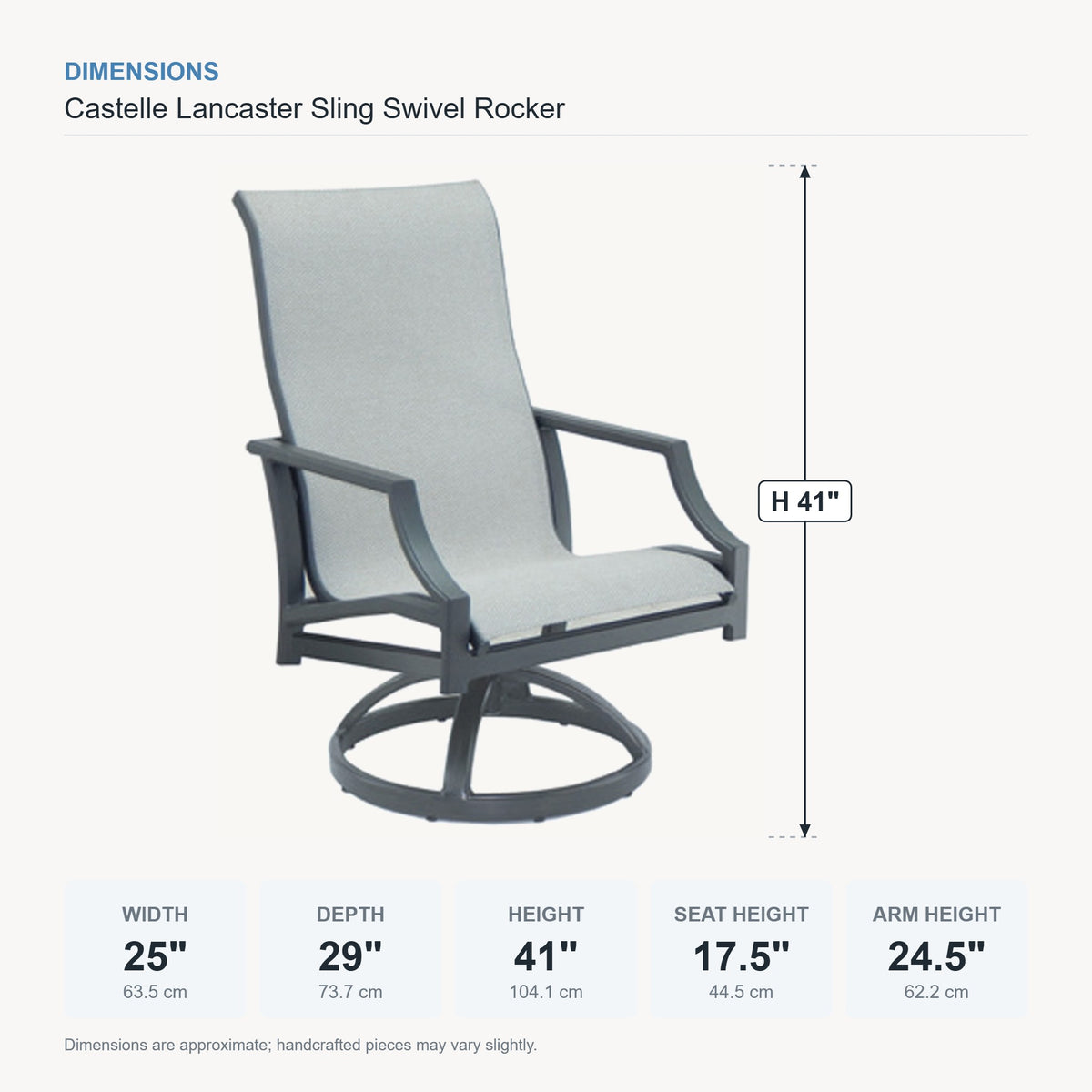 Castelle Lancaster Sling Swivel Rocker dimensions