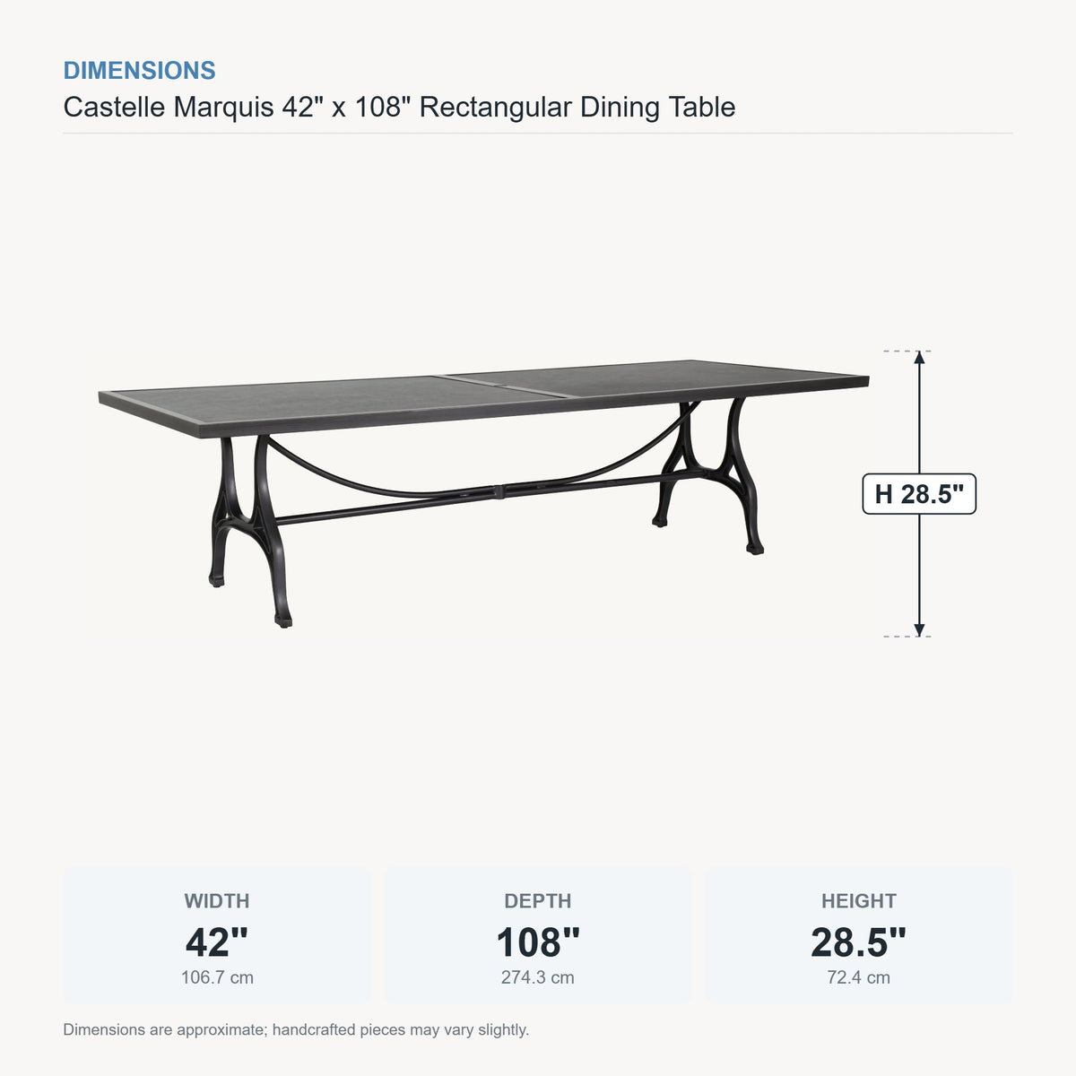 Castelle Marquis 42" x 108" Rectangular Dining Table dimensions