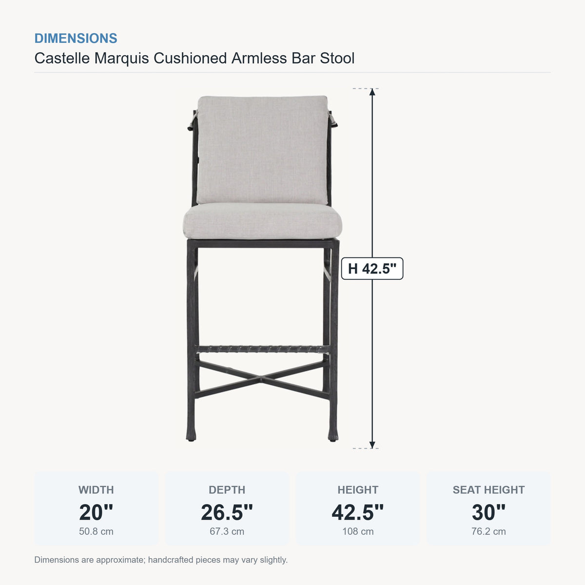 Castelle Marquis Cushioned Armless Bar Stool dimensions