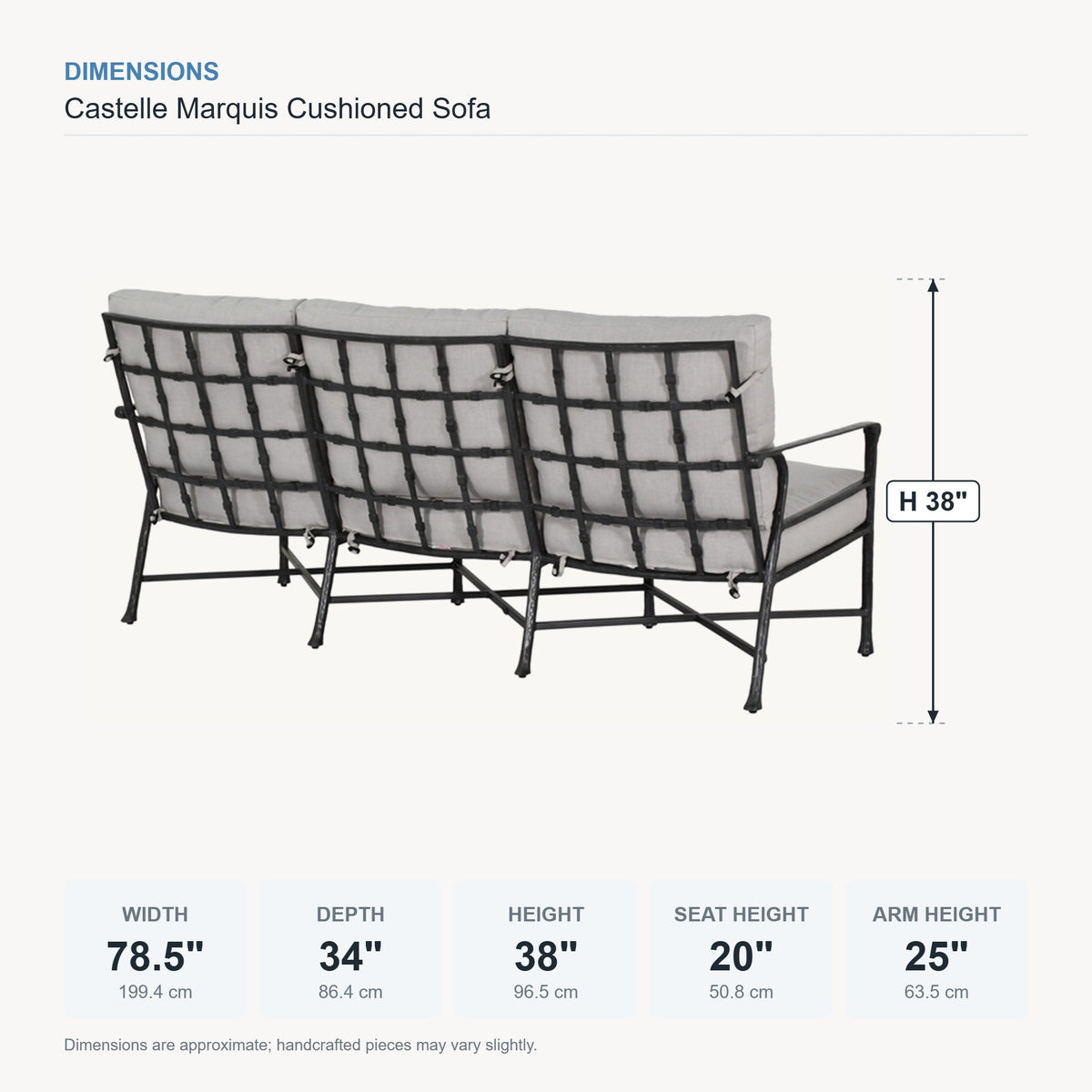 Castelle Marquis Cushioned Sofa dimensions