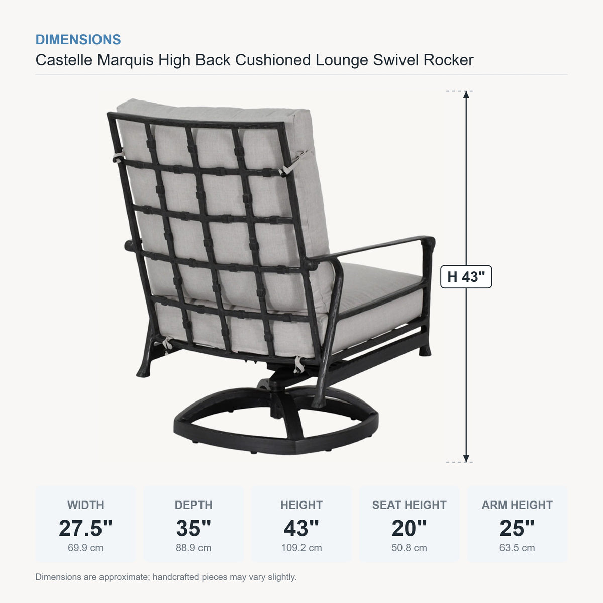 Castelle Marquis High Back Cushioned Lounge Swivel Rocker dimensions