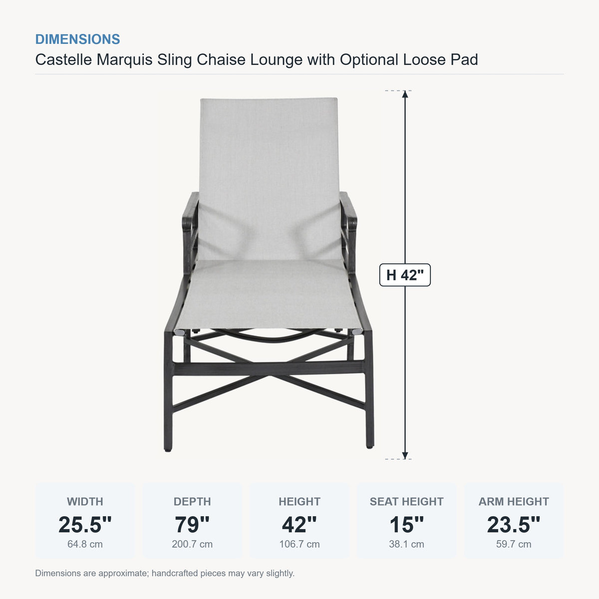 Castelle Marquis Sling Chaise Lounge with Optional Loose Pad dimensions