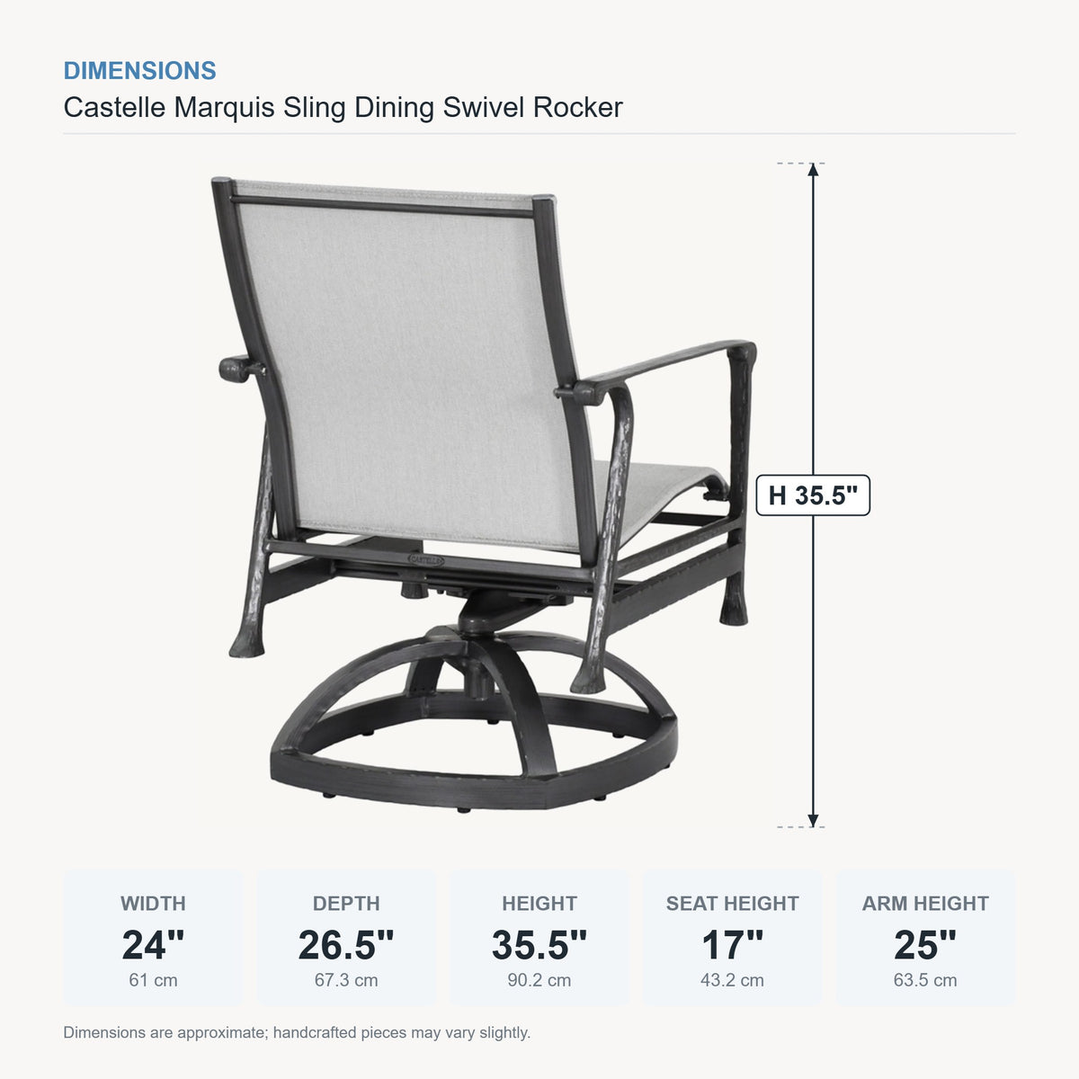 Castelle Marquis Sling Dining Swivel Rocker dimensions