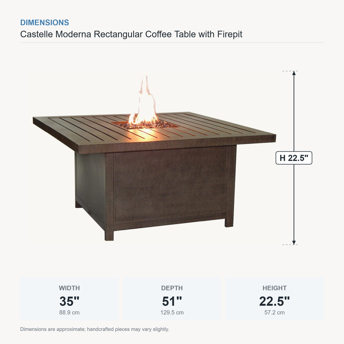 Castelle Moderna Rectangular Coffee Table with Firepit dimensions