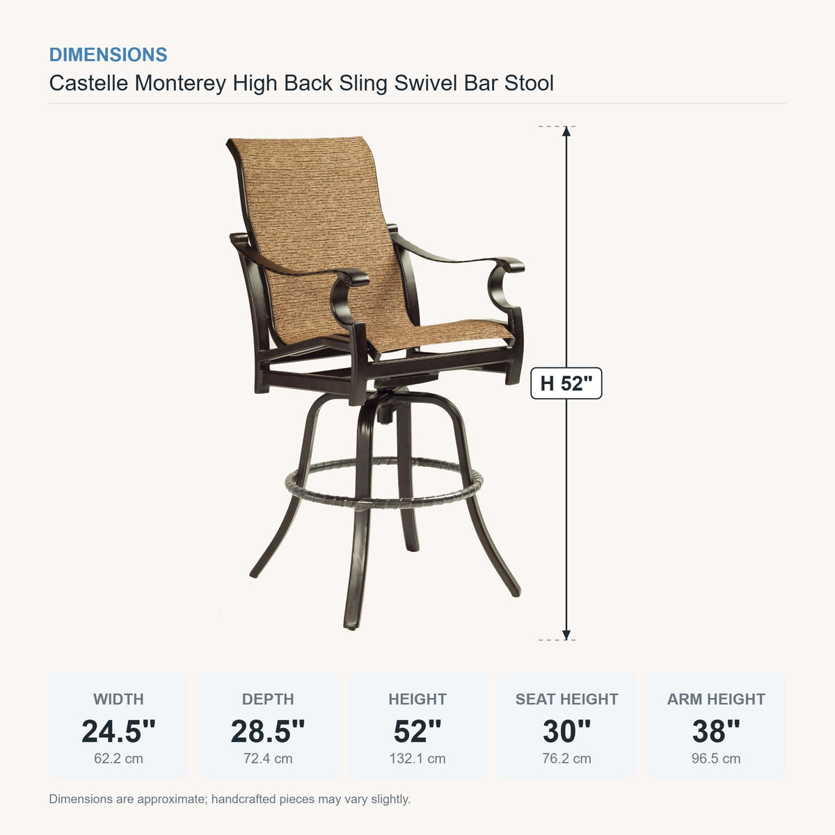 Castelle Monterey High Back Sling Swivel Bar Stool dimensions