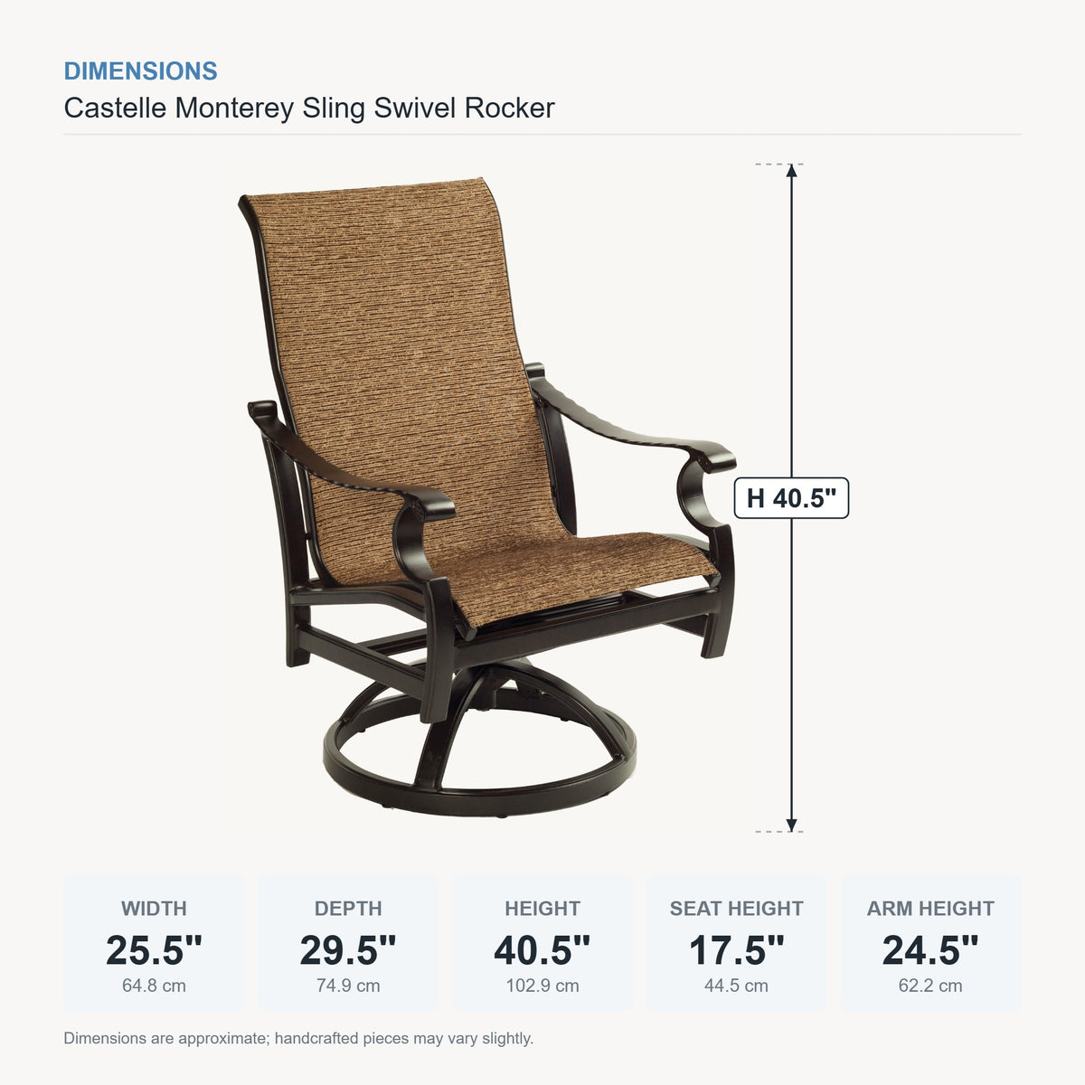 Castelle Monterey Sling Swivel Rocker dimensions