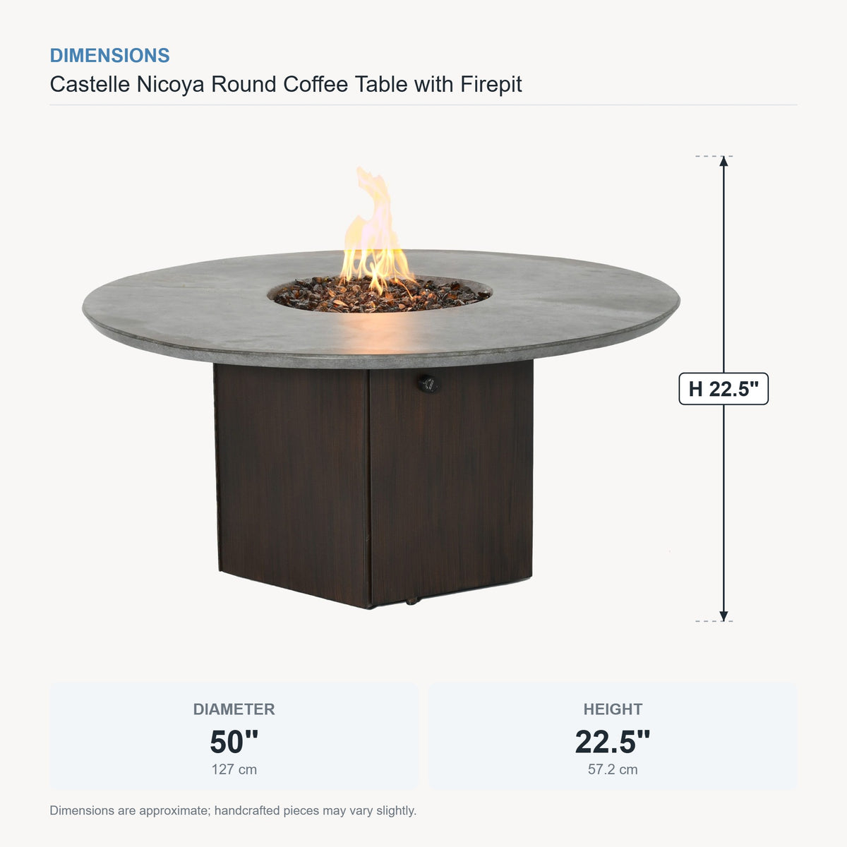 Castelle Nicoya Round Coffee Table with Firepit dimensions