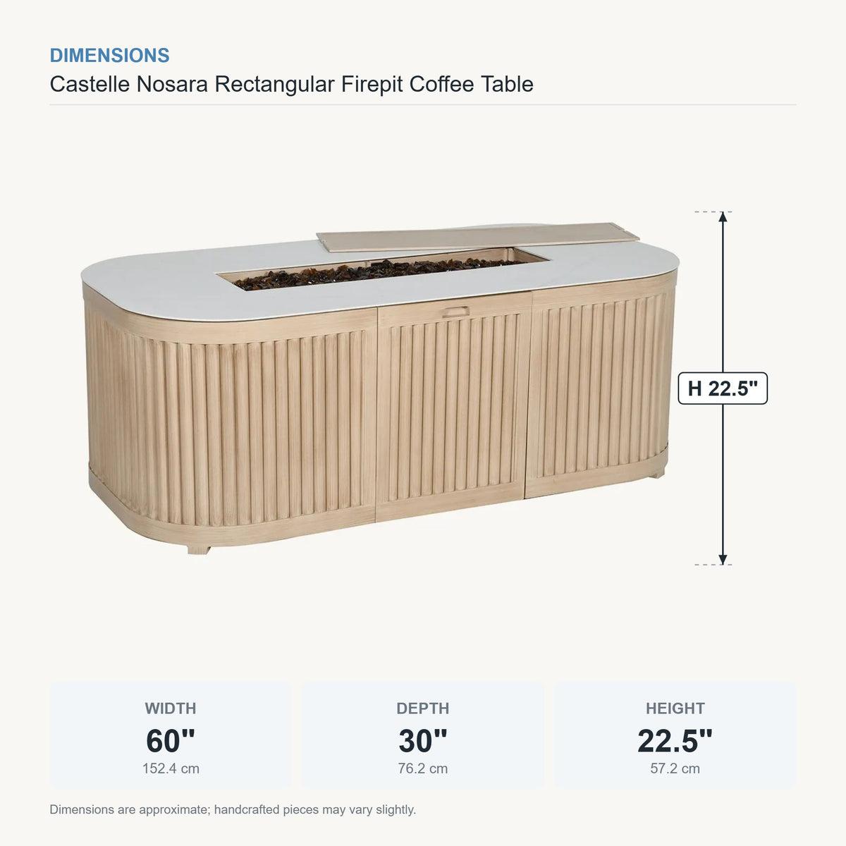 Castelle Nosara Rectangular Firepit Coffee Table dimensions