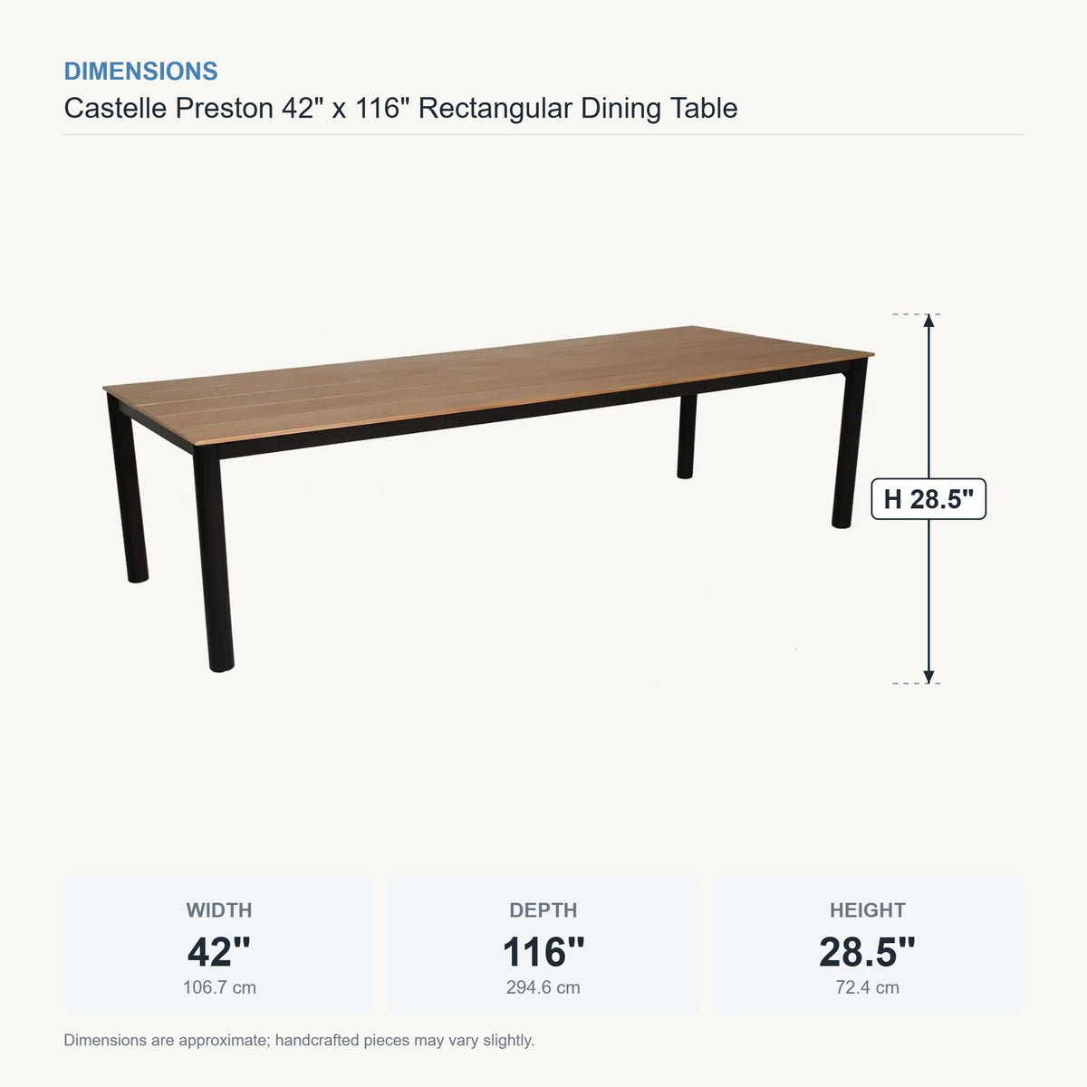 Castelle Preston 42" x 116" Rectangular Dining Table dimensions