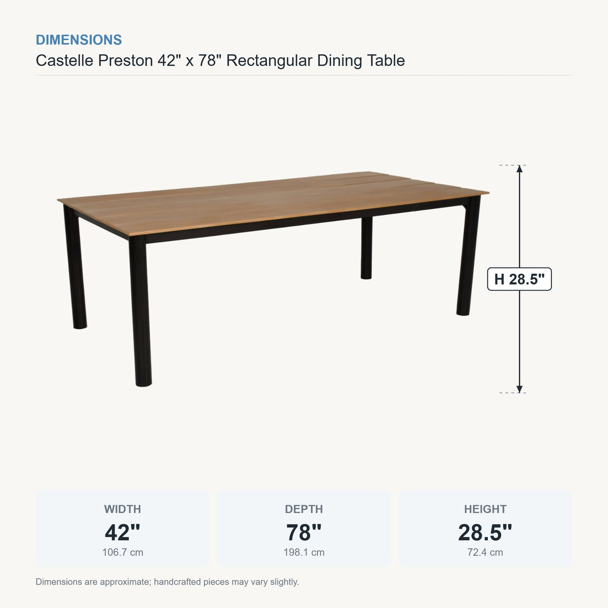 Castelle Preston 42" x 78" Rectangular Dining Table dimensions