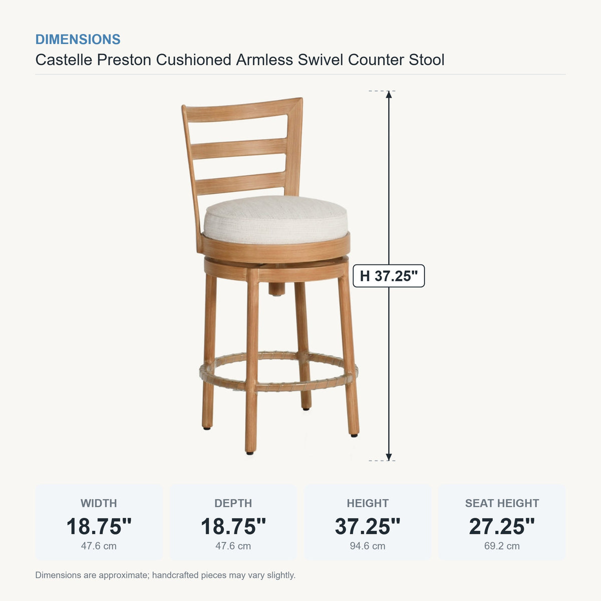 Castelle Preston Cushioned Armless Swivel Counter Stool dimensions