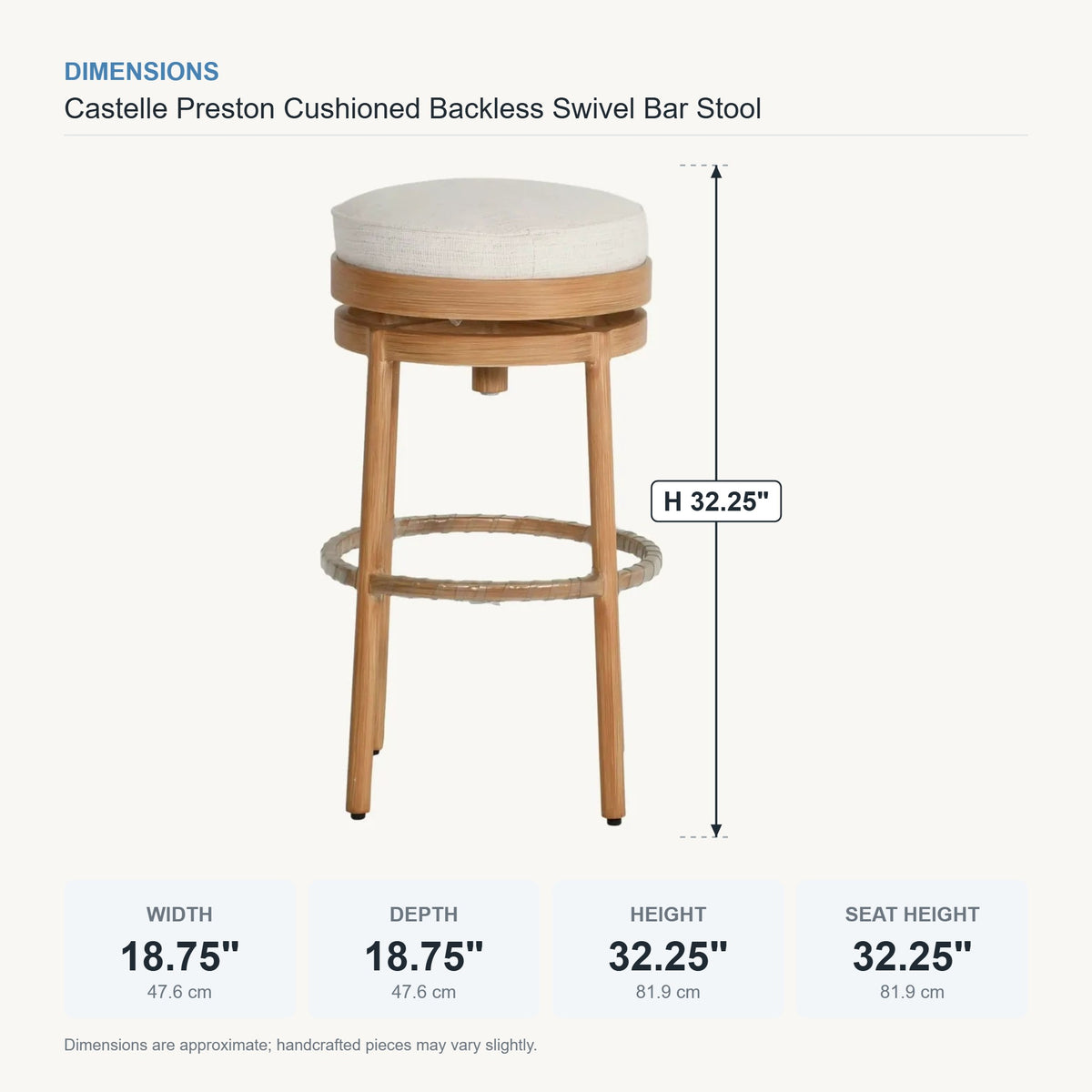 Castelle Preston Cushioned Backless Swivel Bar Stool dimensions