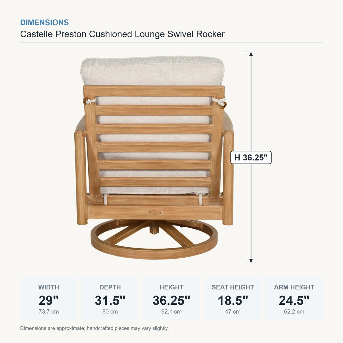 Castelle Preston Cushioned Lounge Swivel Rocker dimensions