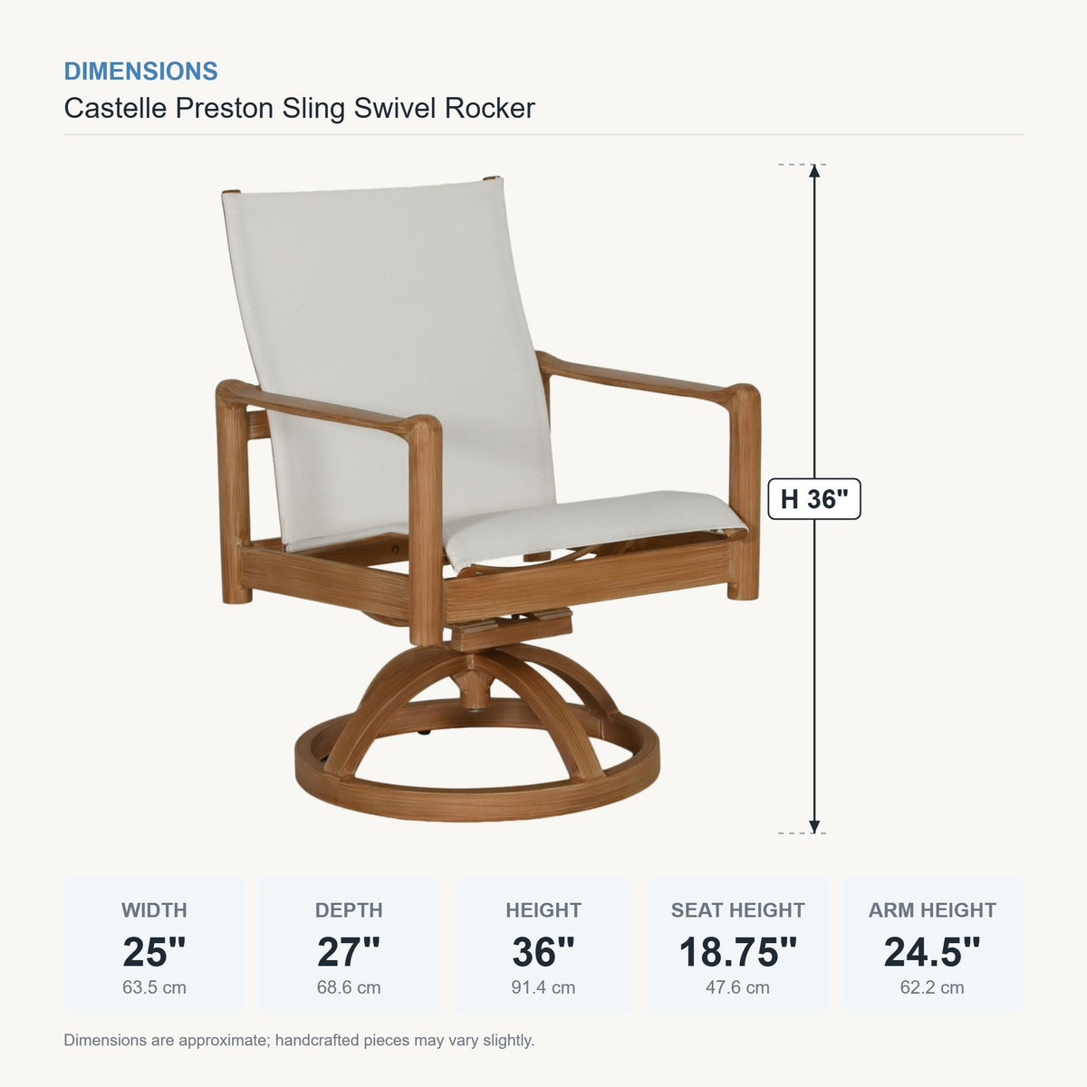 Castelle Preston Sling Swivel Rocker dimensions