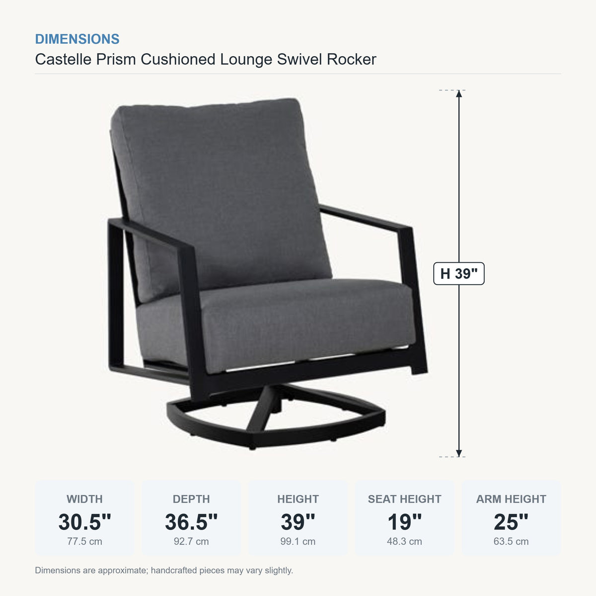 Castelle Prism Cushioned Lounge Swivel Rocker dimensions