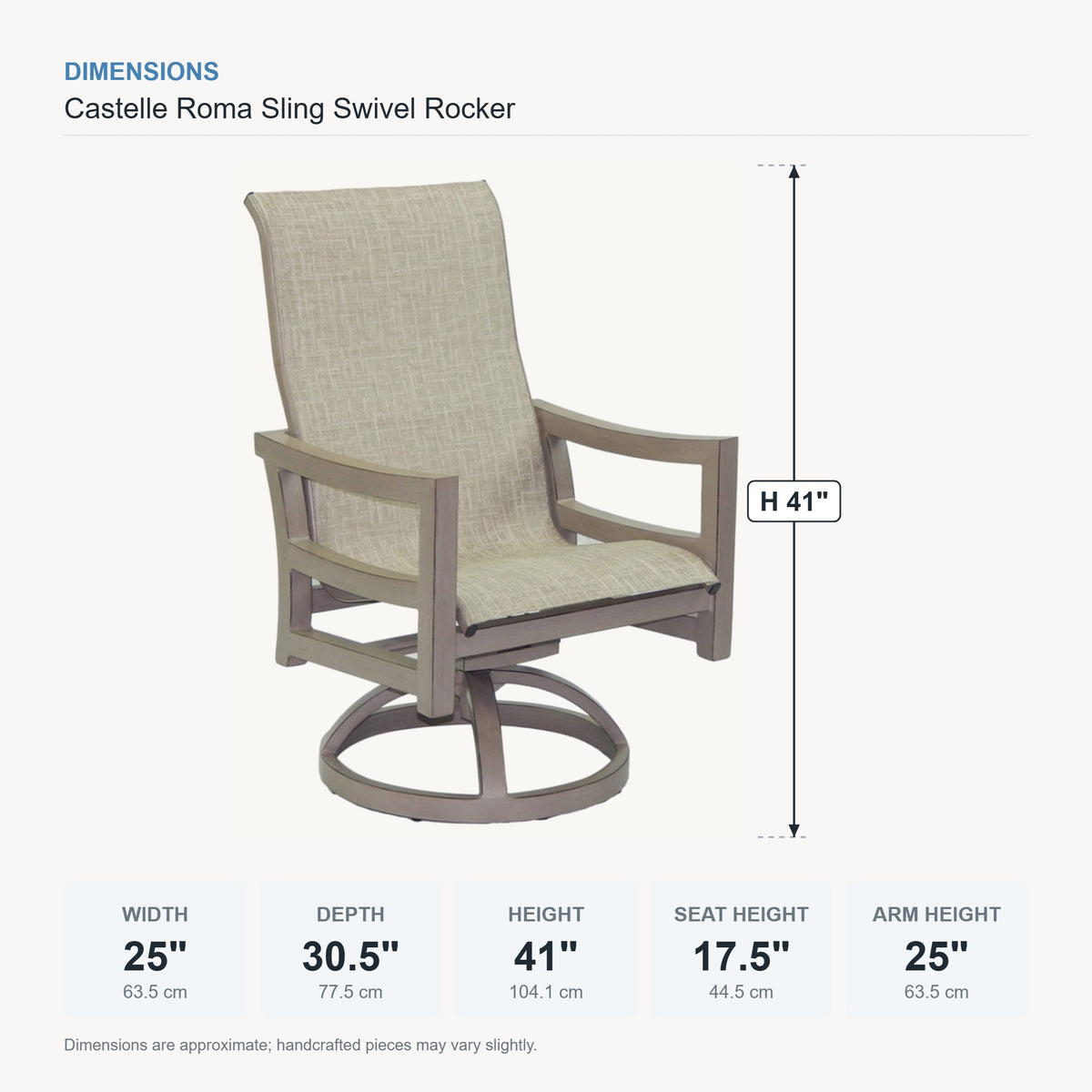 Castelle Roma Sling Swivel Rocker dimensions