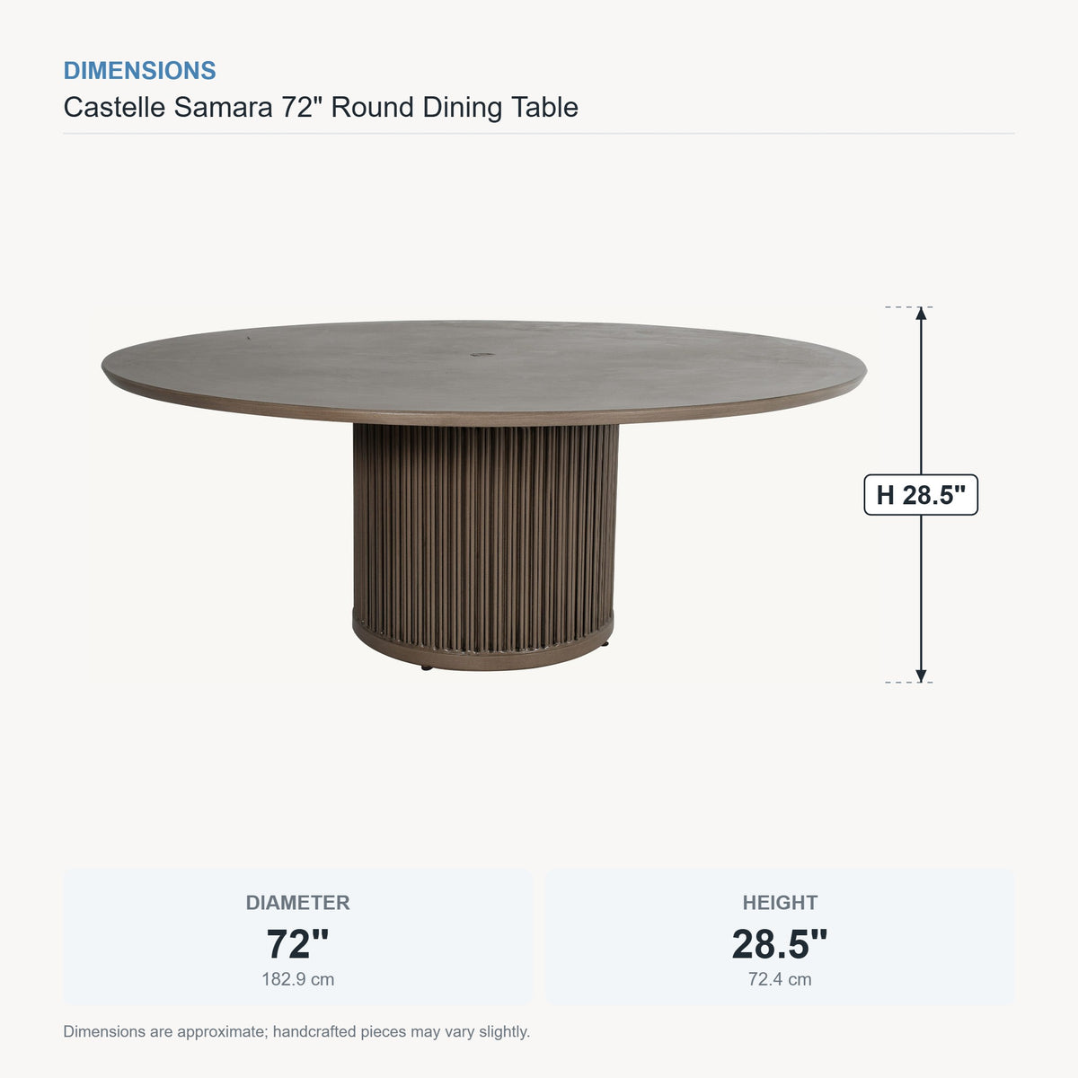 Castelle Samara 72" Round Dining Table dimensions