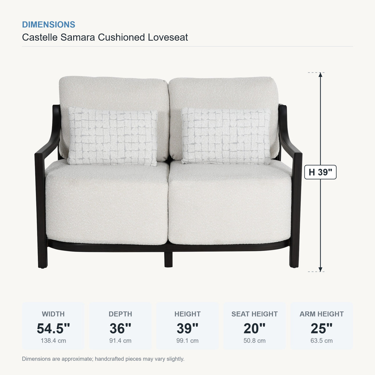 Castelle Samara Cushioned Loveseat dimensions