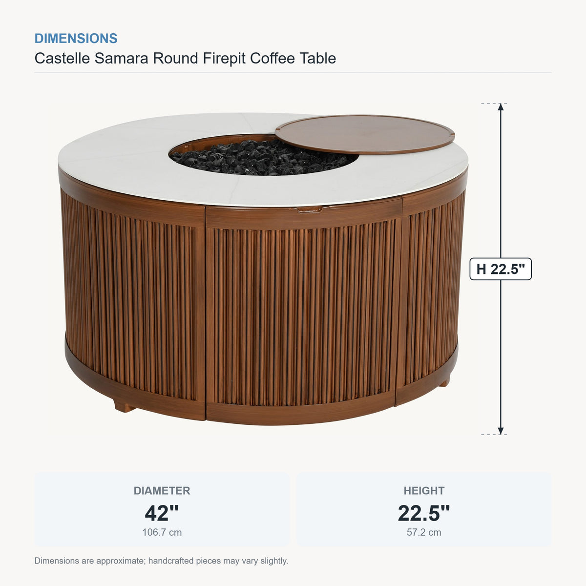 Castelle Samara Round Firepit Coffee Table dimensions