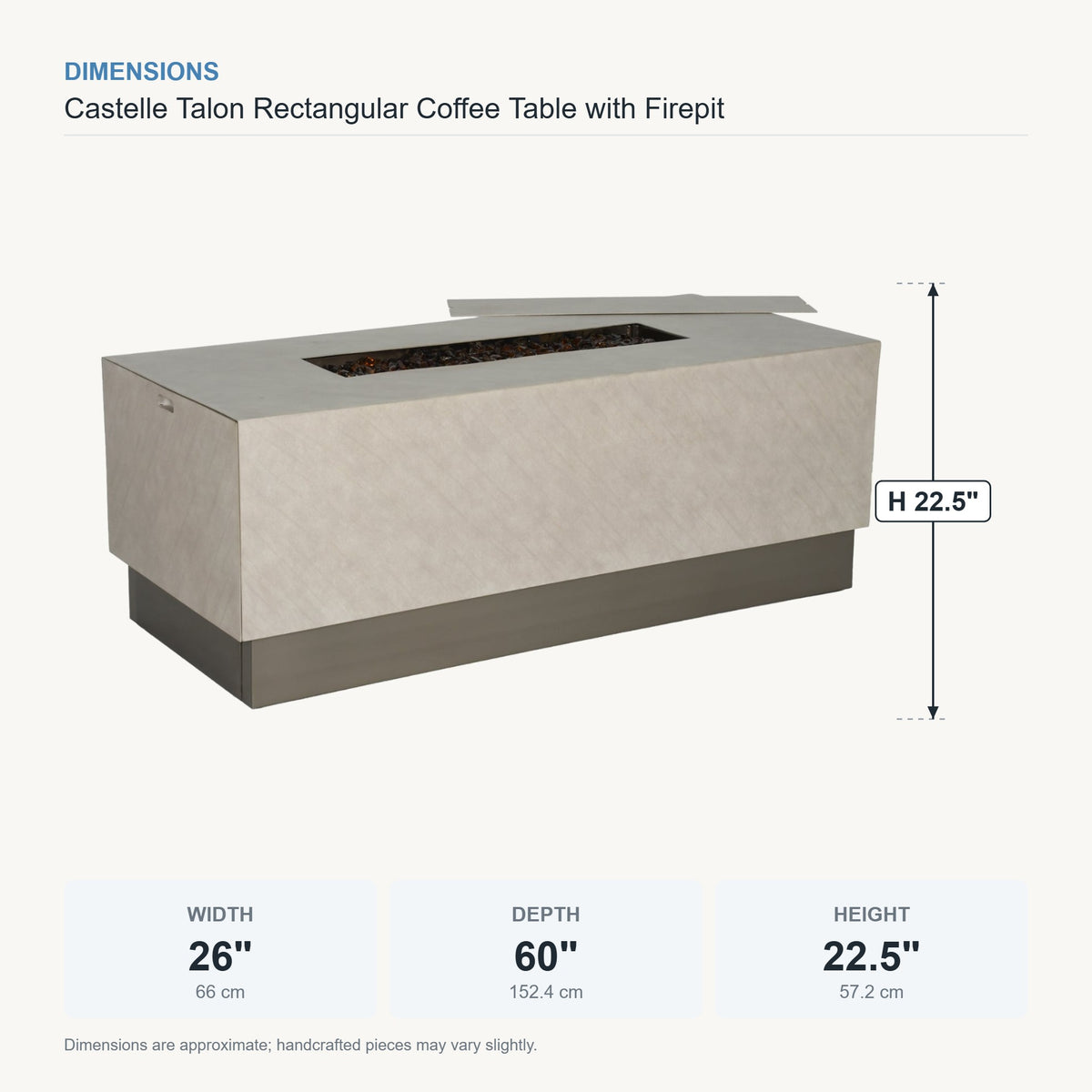 Castelle Talon Rectangular Coffee Table with Firepit dimensions
