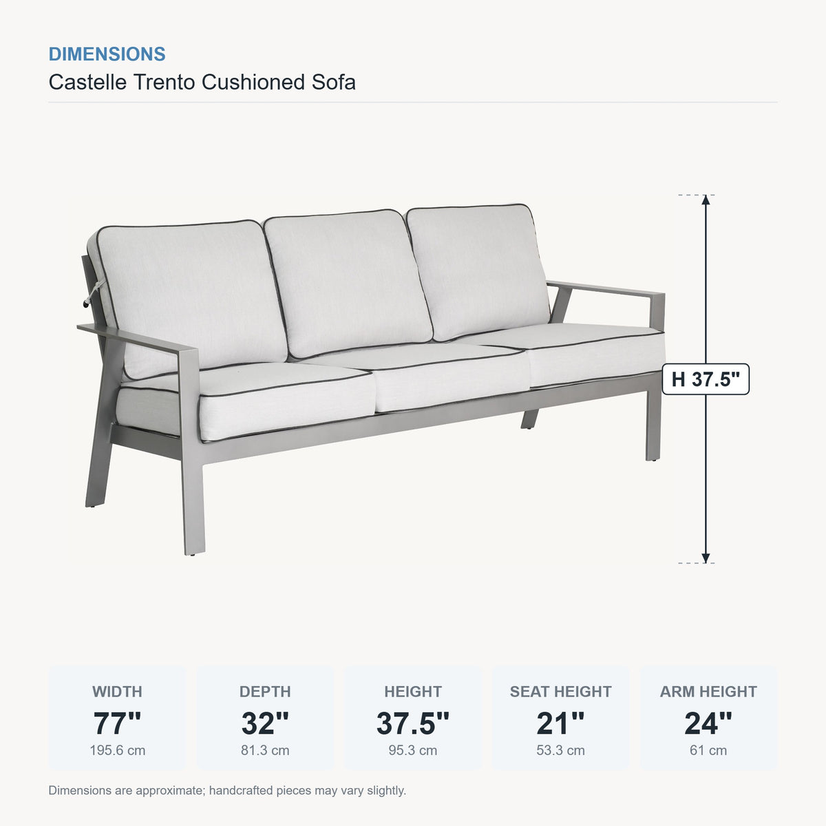 Castelle Trento Cushioned Sofa dimensions