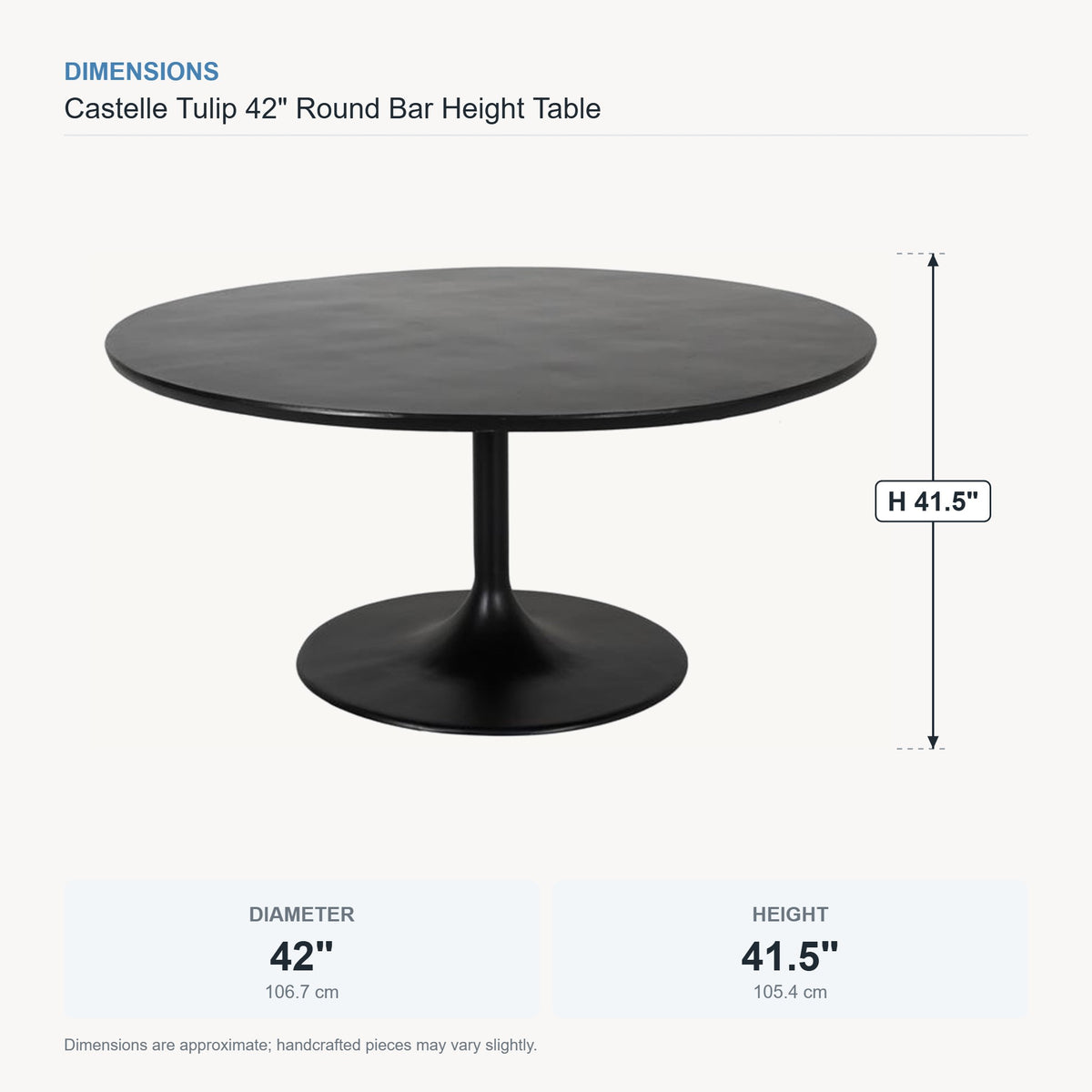 Castelle Tulip 42" Round Bar Height Table dimensions