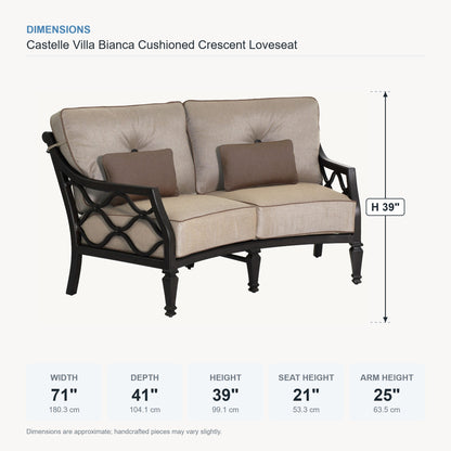 Castelle Villa Bianca Cushioned Crescent Loveseat dimensions