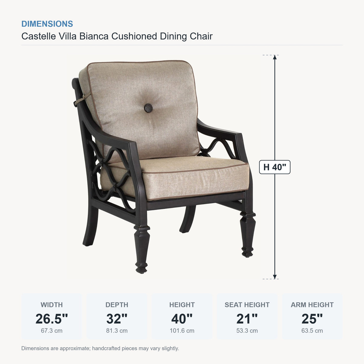 Castelle Villa Bianca Cushioned Dining Chair dimensions