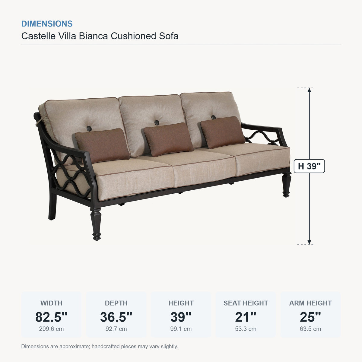 Castelle Villa Bianca Cushioned Sofa dimensions
