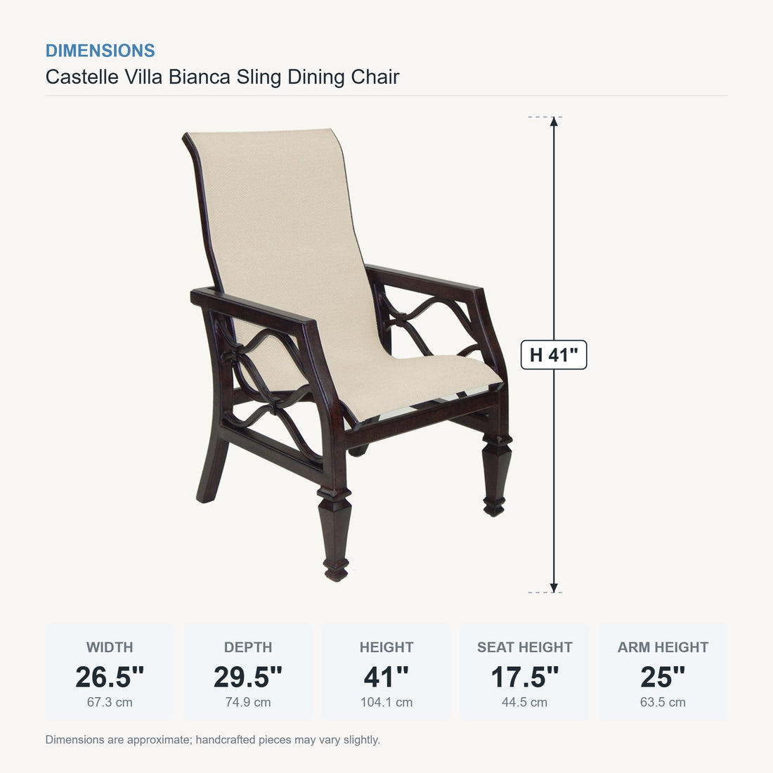 Castelle Villa Bianca Sling Dining Chair dimensions
