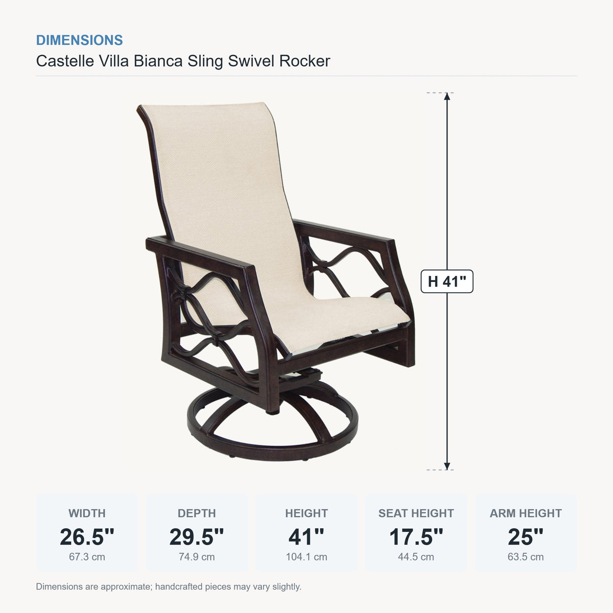 Castelle Villa Bianca Sling Swivel Rocker dimensions