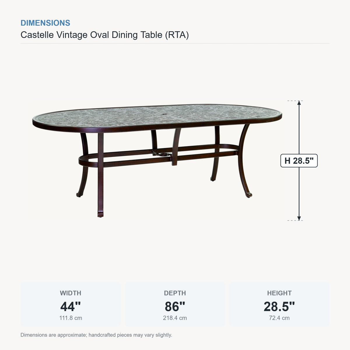 Castelle Vintage Oval Dining Table (RTA) dimensions
