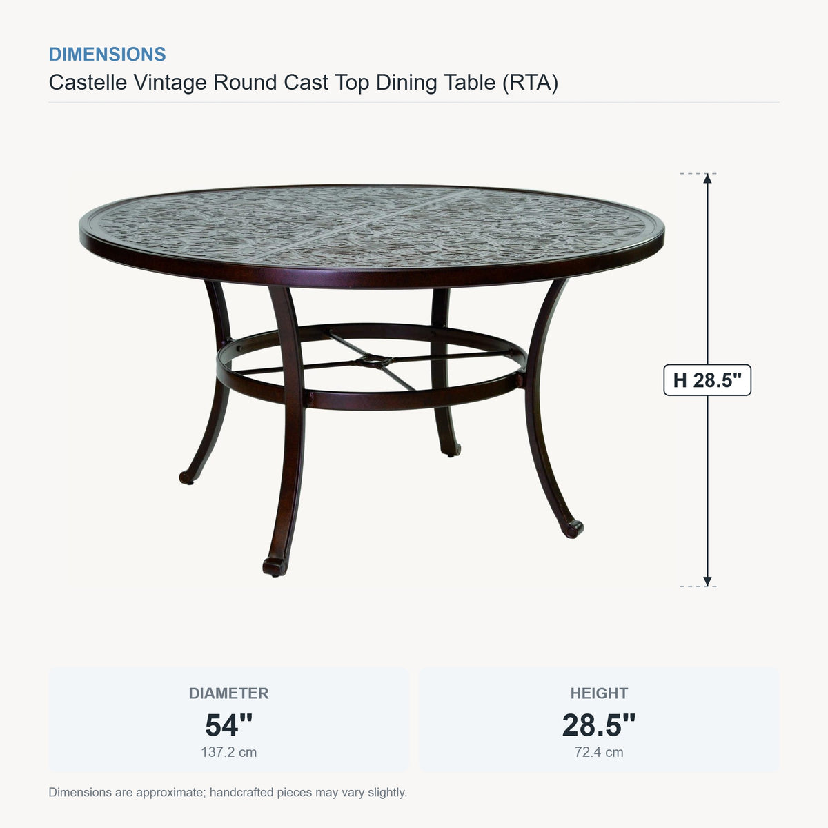 Castelle Vintage Round Cast Top Dining Table (RTA) dimensions