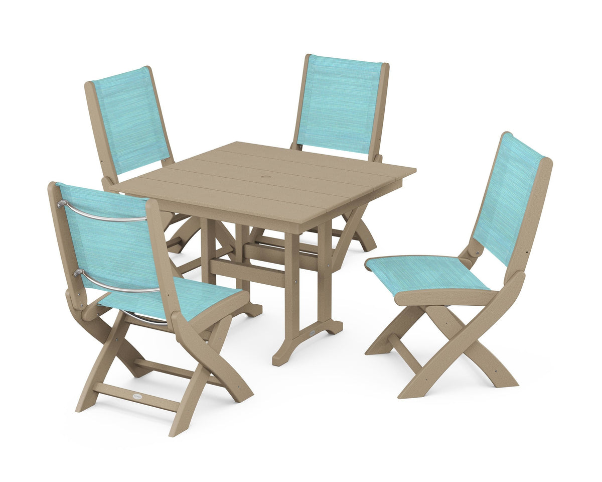 POLYWOOD Coastal Folding Side Chair 5-Piece Farmhouse Dining Set in Vintage Sahara / Dupioni Aquamarine