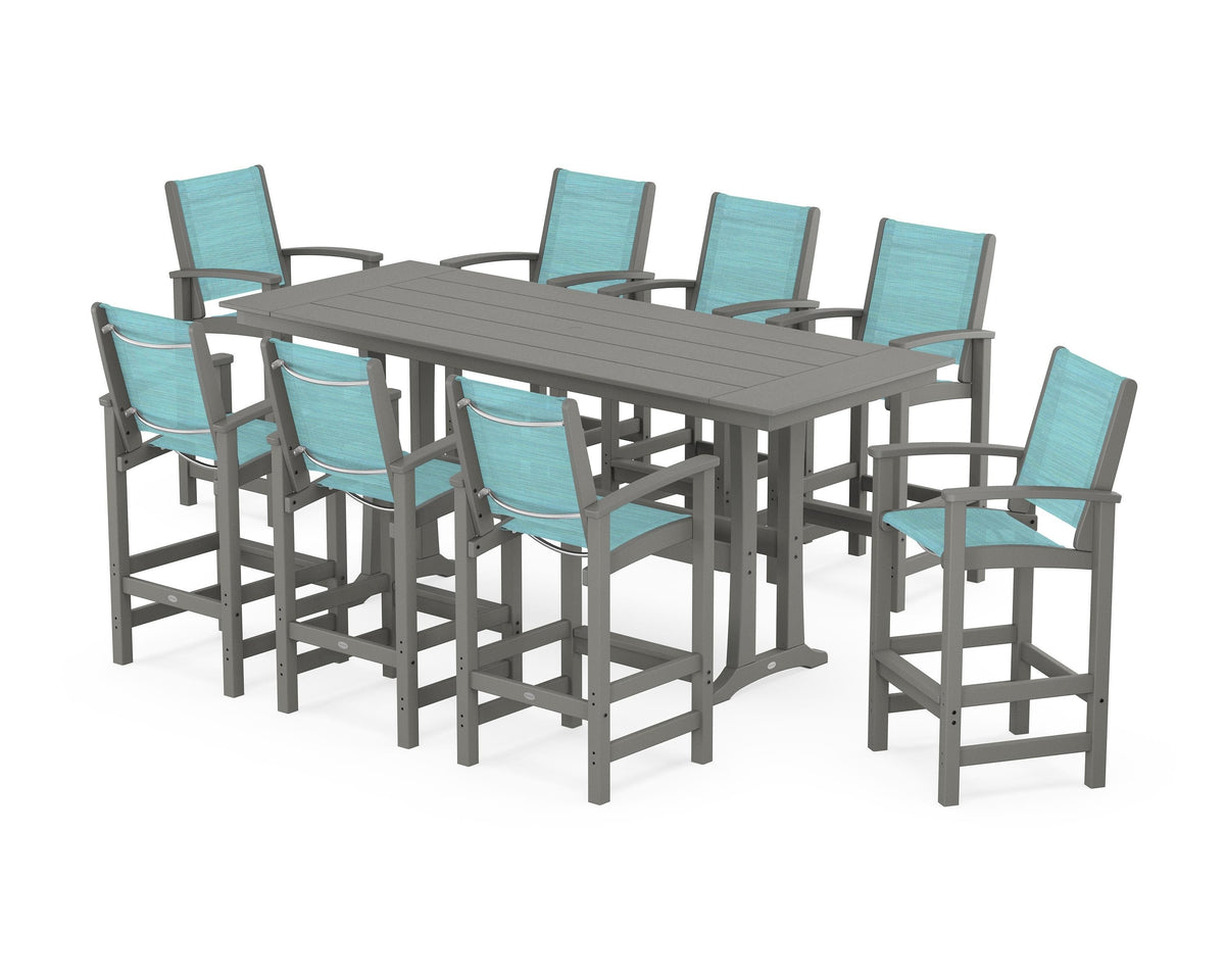 POLYWOOD Coastal 9-Piece Farmhouse Bar Set with Trestle Legs in Slate Grey / Dupioni Aquamarine