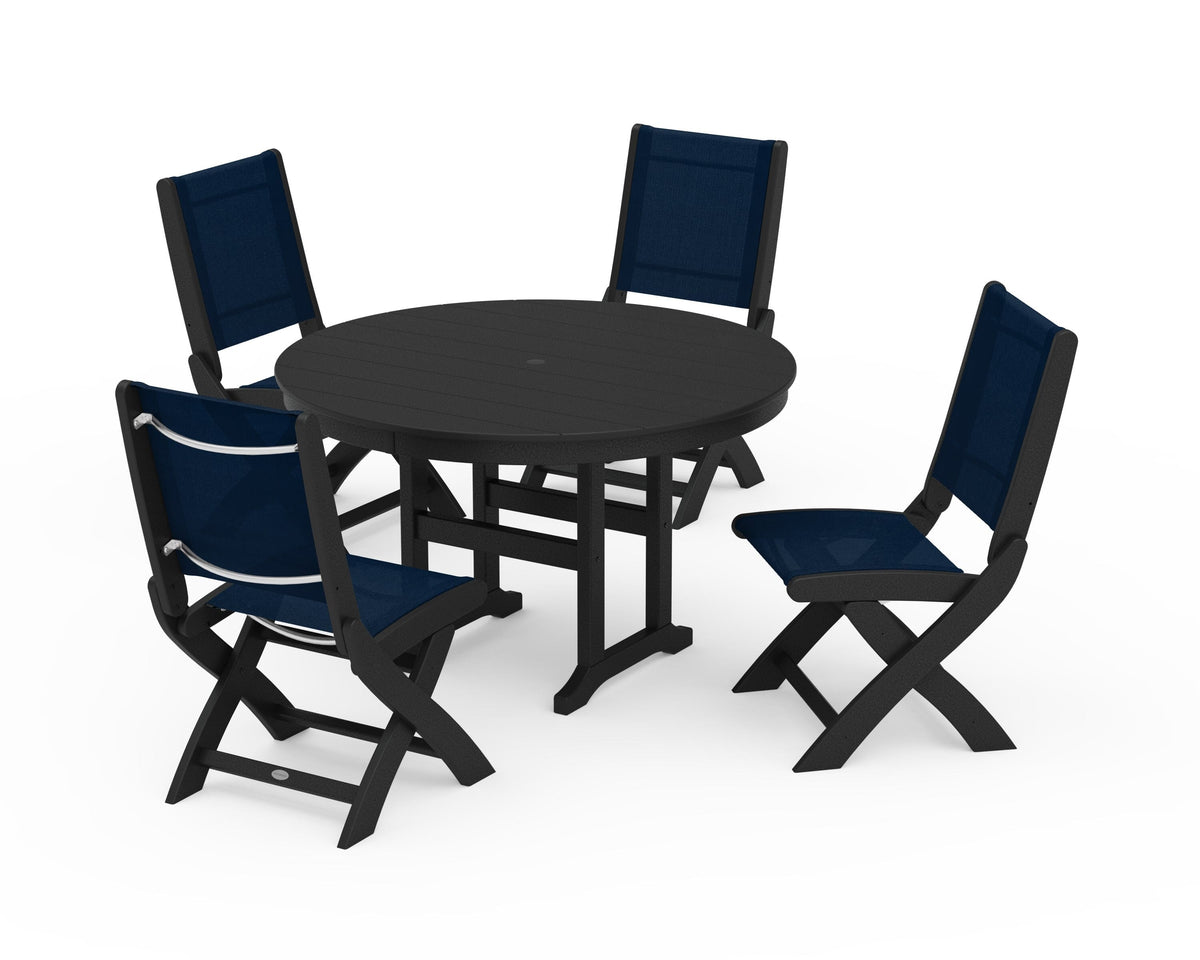POLYWOOD Coastal Folding Side Chair 5-Piece Round Dining Set in Black / Navy Blue