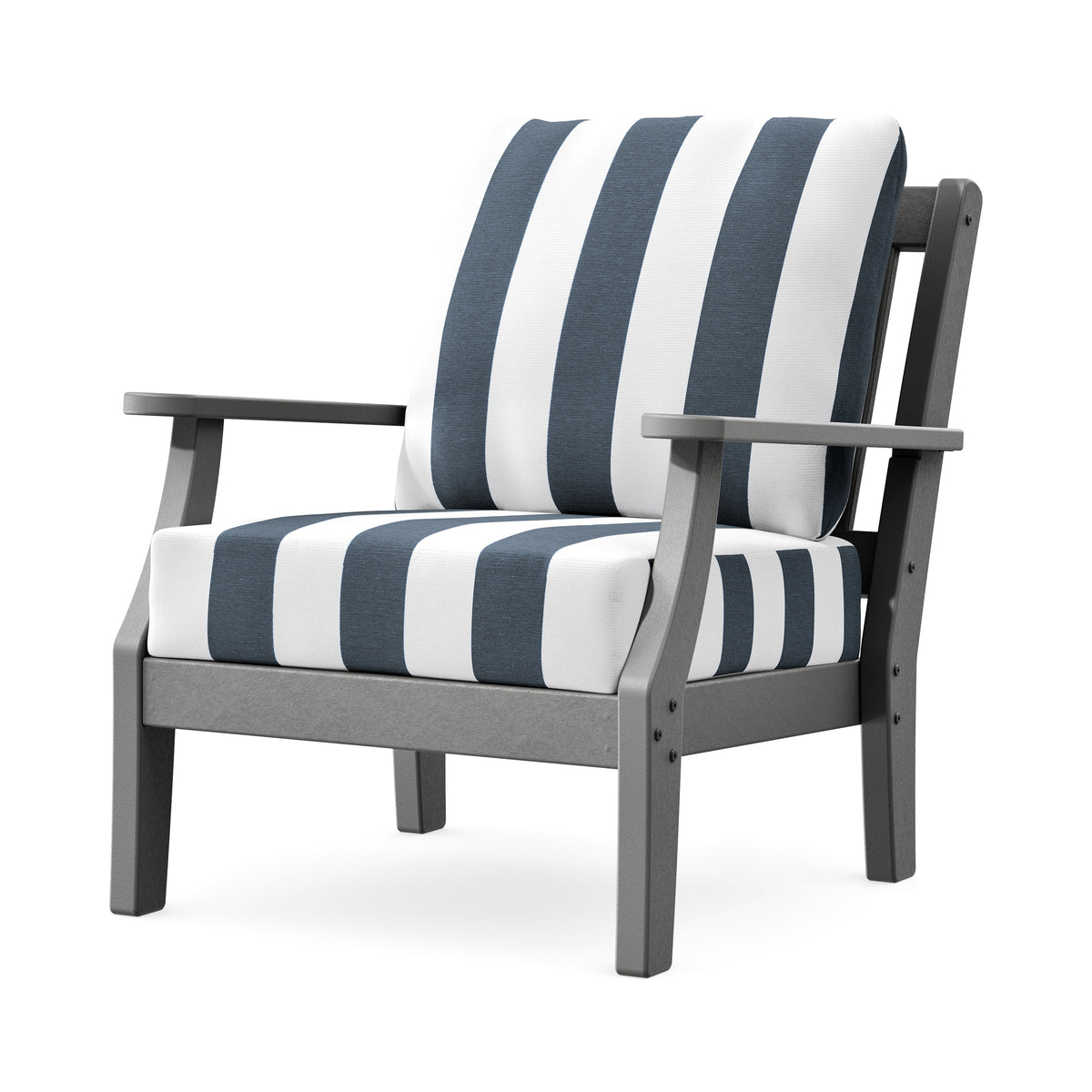 POLYWOOD Chinoiserie Deep Seating Chair in Slate Grey / Cabana Stripe Marine Indigo