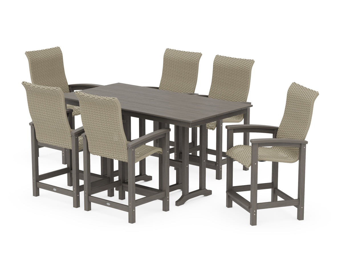 POLYWOOD Coastal Woven High-Back Arm Chair 7-Piece Farmhouse Counter Set in Driftwood / Dune Grass