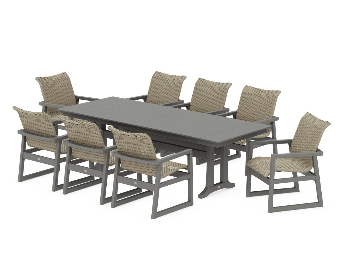 POLYWOOD EDGE Woven 9-Piece Farmhouse Dining Set with Trestle Legs in Slate Grey / Dune Grass