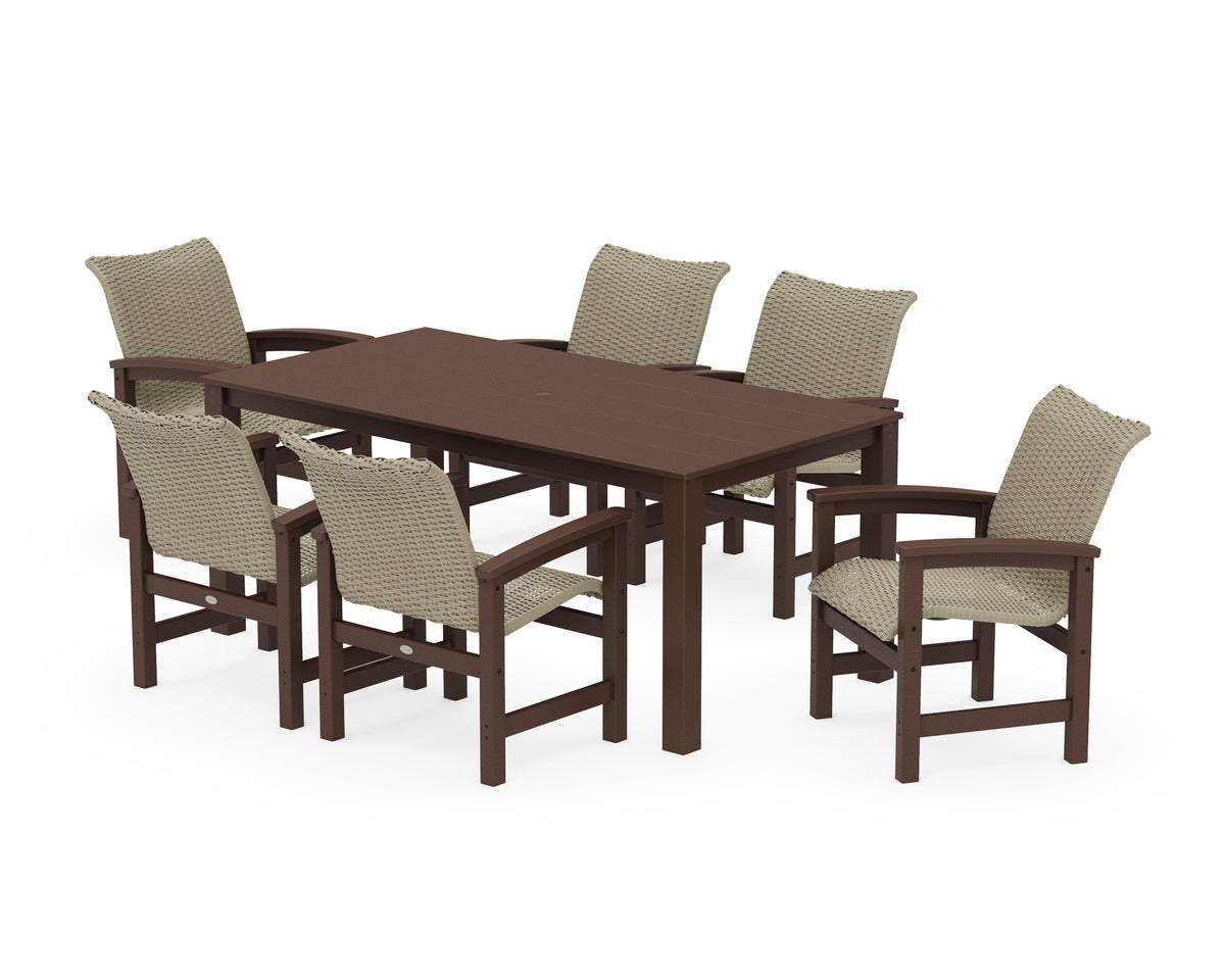 POLYWOOD Coastal Woven Arm Chair 7-Piece Parsons Dining Set in Mahogany / Dune Grass