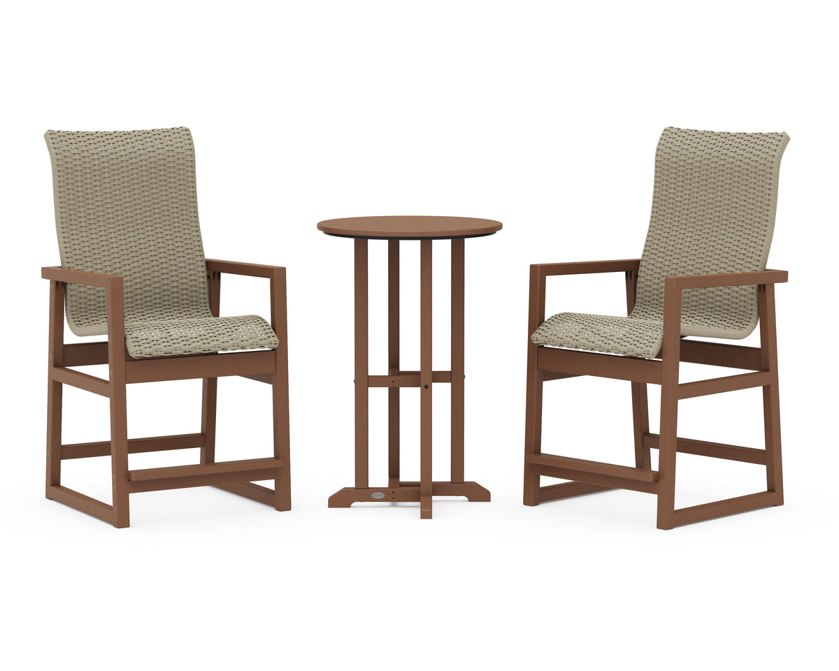 POLYWOOD EDGE Woven Highback 3-Piece Farmhouse Counter Set in Teak / Dune Grass